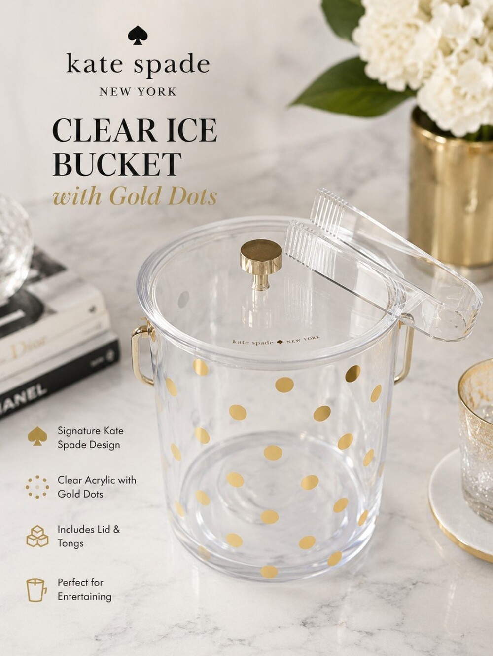Kate Spade Clear Ice Bucket with Gold Dots